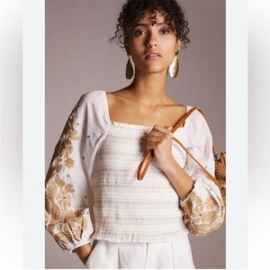 Anthropologie White and Gold Floral Blouse